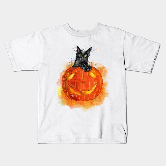 Black Cat Jack O Lantern Kids T-Shirt by beaugeste2280@yahoo.com